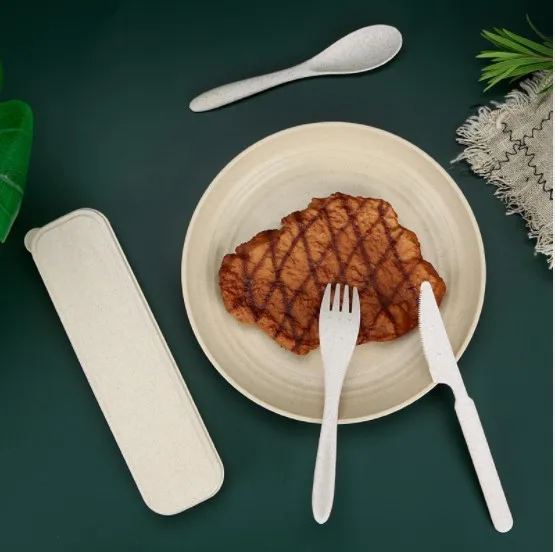 

Camping Travel Reusable Flatware Fork Chopsticks Spoon Tableware Portable Wheat Straw Cutlery Set Case, Beige/pink/blue/green