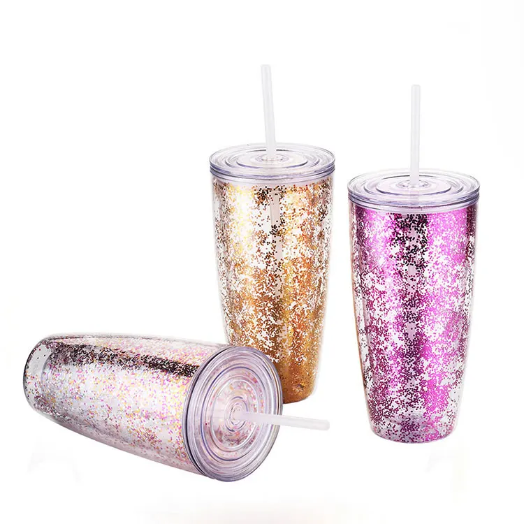 

Amazon top seller wholesale products custom clear drinking double wall acrylic glass glitter plastic cups with straw handle, Customized color