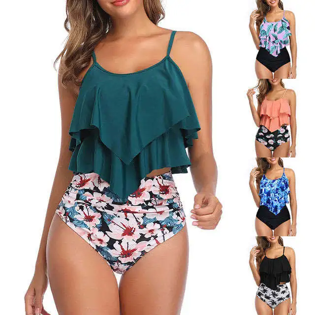 

Women's Bikini Set Two Pieces Push Up Ruffled Flounce Bathing Suits Floral Printing Triangle Swimwear, Customized color