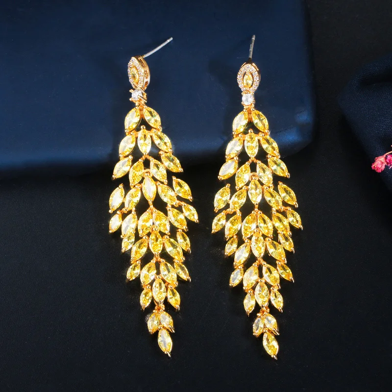 Elegant Shiny Yellow Cubic Zircon Stone Long Dangle Drop Leaf Earrings for Women Engagement Wedding Jewelry Gold Plated