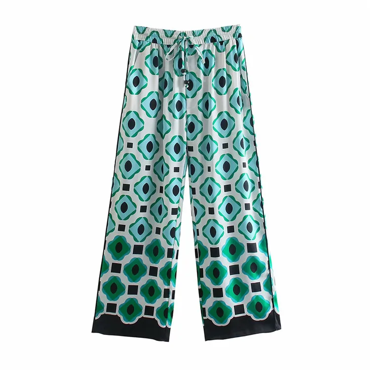 

BMURHMZA2021 summer new women's clothing retro high waist geometric graphics printed straight pants casua