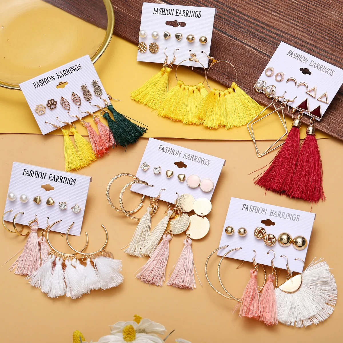 

Hot Sellers 12 Pcs/Card Flower Earrings Pink Tassel Earrings Trendy Metal Dangling Boho Earrings For Women Tassel, Mix colors