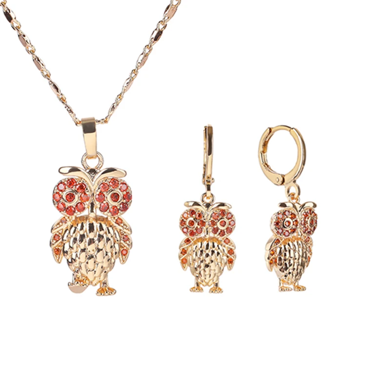 

Hd Jewelry Joyeria-Por-Mayor Wholesale 18K Gold Jewelry Zirconia Unique Cute Owl Pendant Earing Necklace Jewelry Set Women