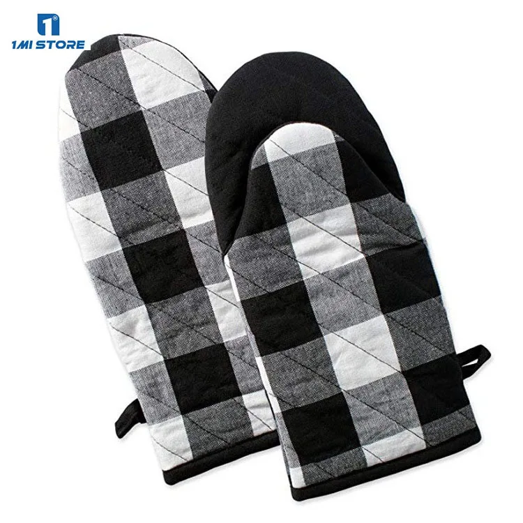 

Customized Kitchen Grid Heat Resistant 100% Cotton Oven Mitt Pot Holder Gloves, Black white,blue white,green white,red black