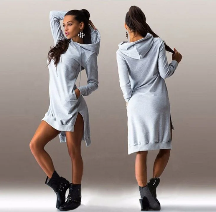 

Wholesale Newest Stock Women's autumn fashion hooded long Hoodie dress With Hood Custom logo