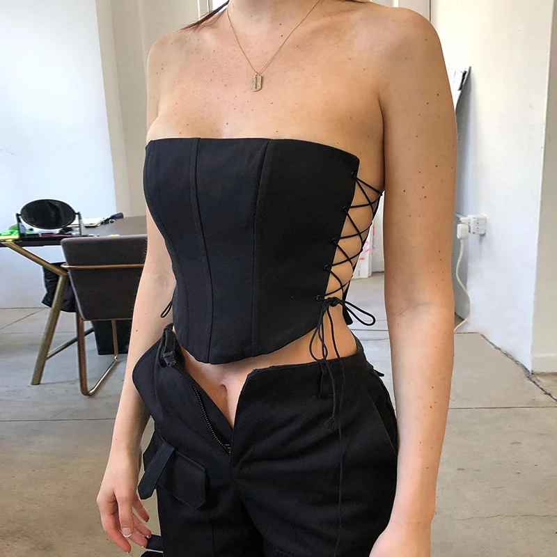 

2021 Hot Selling Summer Black Sleeveless Corset Tops Women Sexy Side Bandage Slim Double Lace Strapless Tops Woman