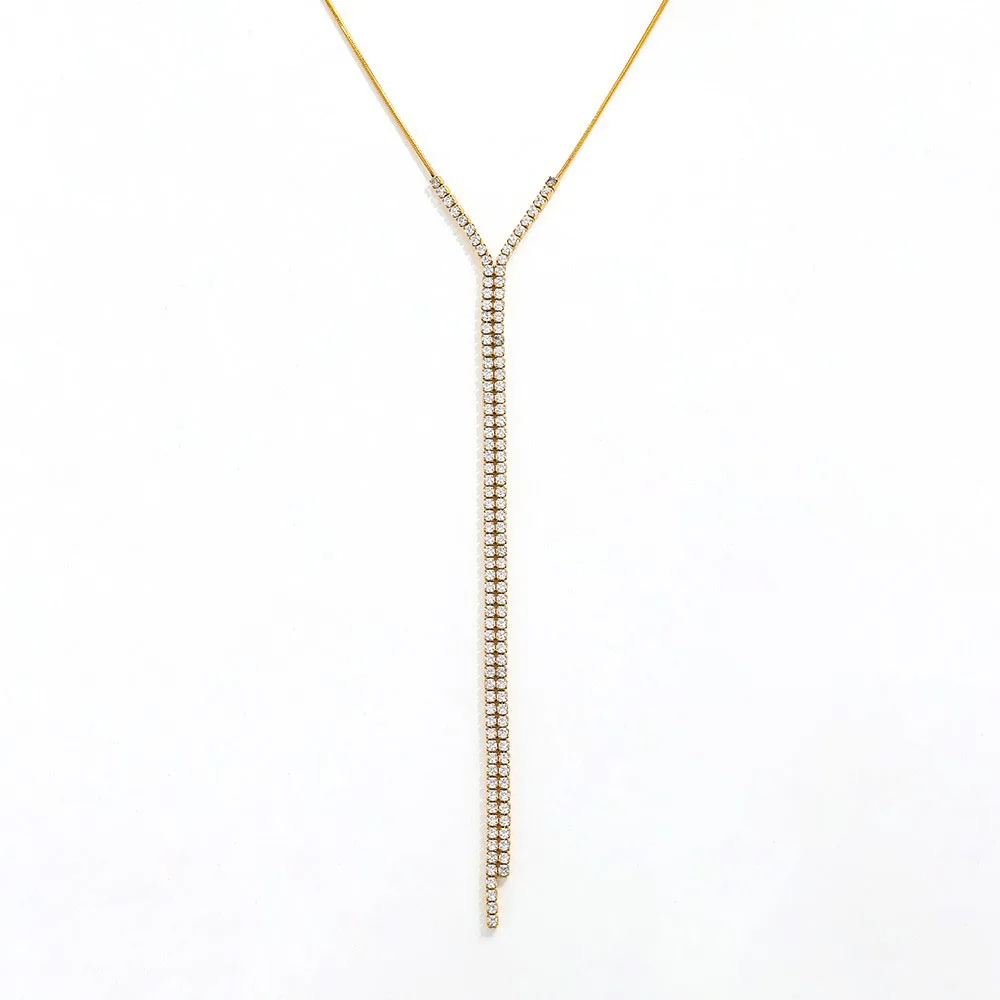 Joolim Jewelry Gold Plated Zirconia Pave Snake Chain Double Tennis Y Tassel Necklace Stainless Steel Jewelry Wholesale