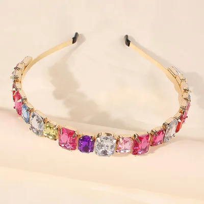 

INS New Arrival 24K Gold Plated Cubic Zircon Head Buckle Colorful Gemstone Head Hoop Hair Accessories