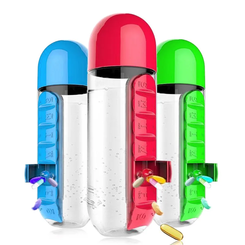 

Doyoung Wholesale 600ml Portable Plastic Pill Water Bottle with Pill Organizer Holder, Blue,red,rose red,black,yellow