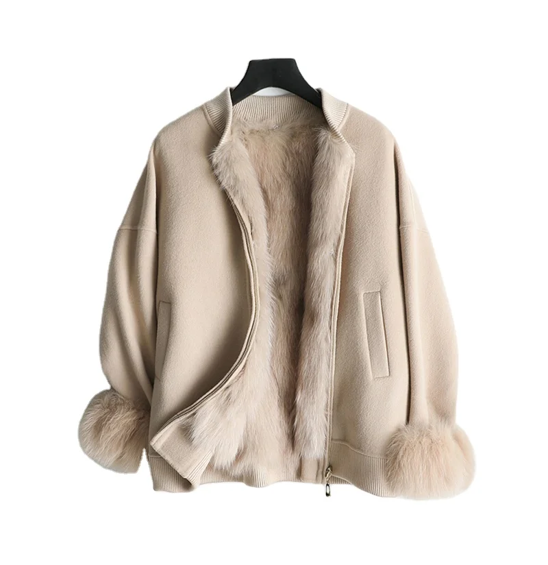 

Women real wool coat lady fox lining fox fur collar jacket female Fall/Winter fur parka outwear ZY383