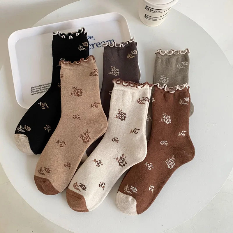 

Jingwen OEM Calcetines De Mujer 2024 Coffee Black Color Womens Frill Socks