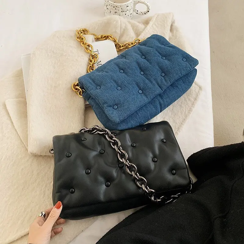 

New Fashion Denim Sling Bag Pu Leather Thick Chain Shoulder Bag Women Clutch Underarm Purse And Handbags, Customized color