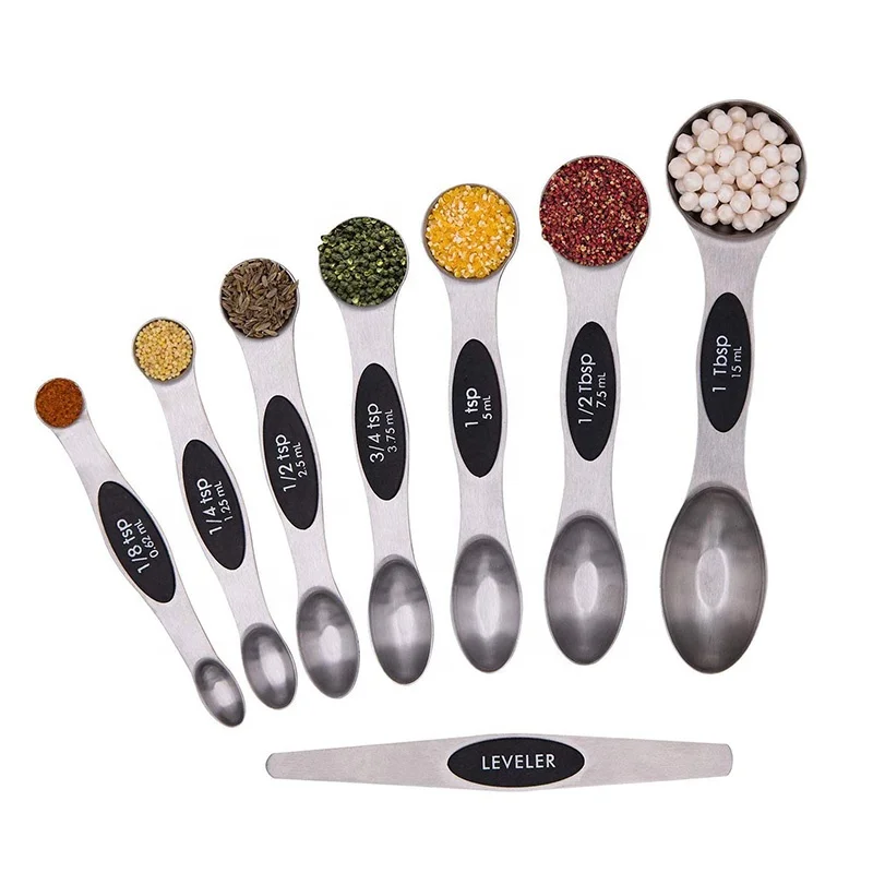 

magnetic measuring spoon set of 8 stainless steel spice liquid measuring tools double sided fit in jars measuring spoons, Silver