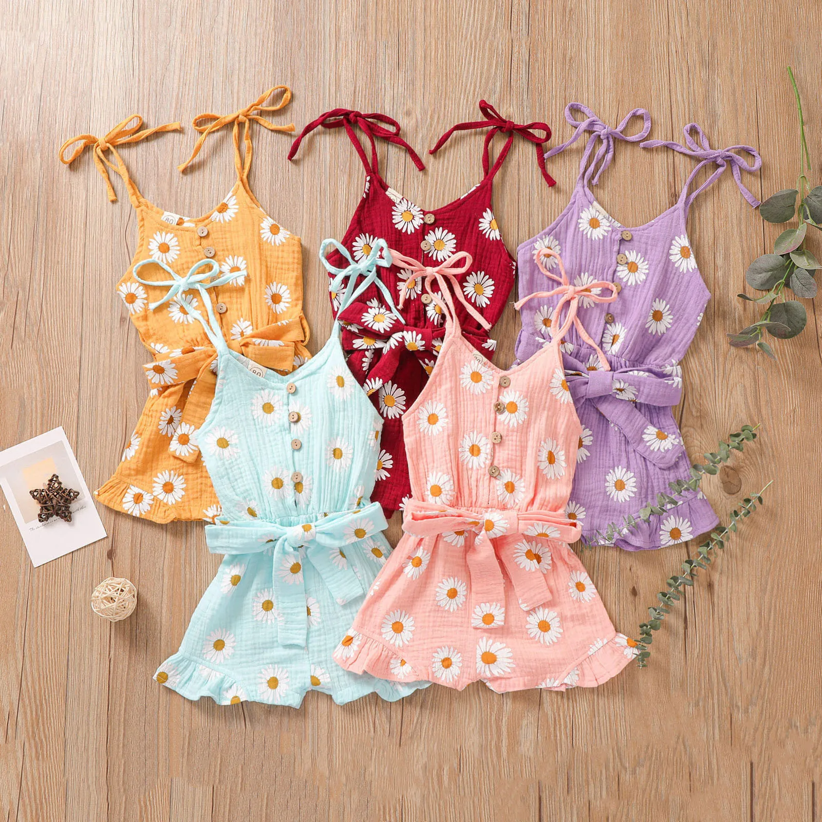 

1-5Y Summer Princess Cotton Pants Set Pullover Printed Unhooded Girls Set Chrysanthemum Sling Romper Overall Jumpsuit