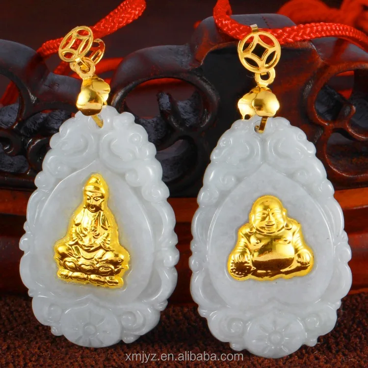 

Certified Gold Inlaid With Jade Natural Cargo Guanyin Buddha Jade Pendant Men And Women Couples Pendants Wholesale