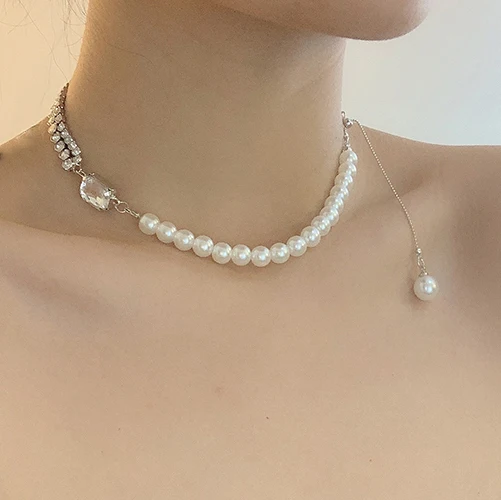 

x0226 2021 New Arrivals Jewelry Clustered Tennis Crystal Rhinestone Bling Choker Pearl Collar Necklace Beaded Rhodium Women