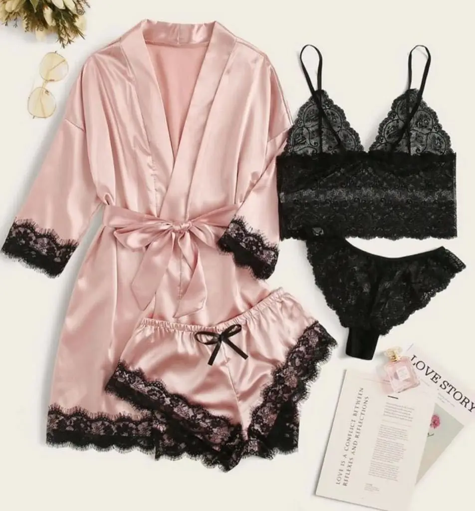 

Sexy Sleepwear Ladies Luxury Pink Satin Lace Long Robe Pajamas 4 Pcs Set Nighty Pajamas Women's Sleepwear Pajama Sets, Same as the pictures