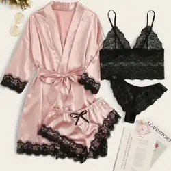 Sexy Sleepwear Ladies Luxury Pink Satin Lace Long 