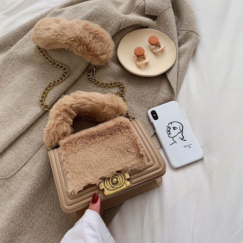 

TS9207 Winter Faux Fur China factory price trendy fashion fur single shoulder women bags luxury plush chain handbag