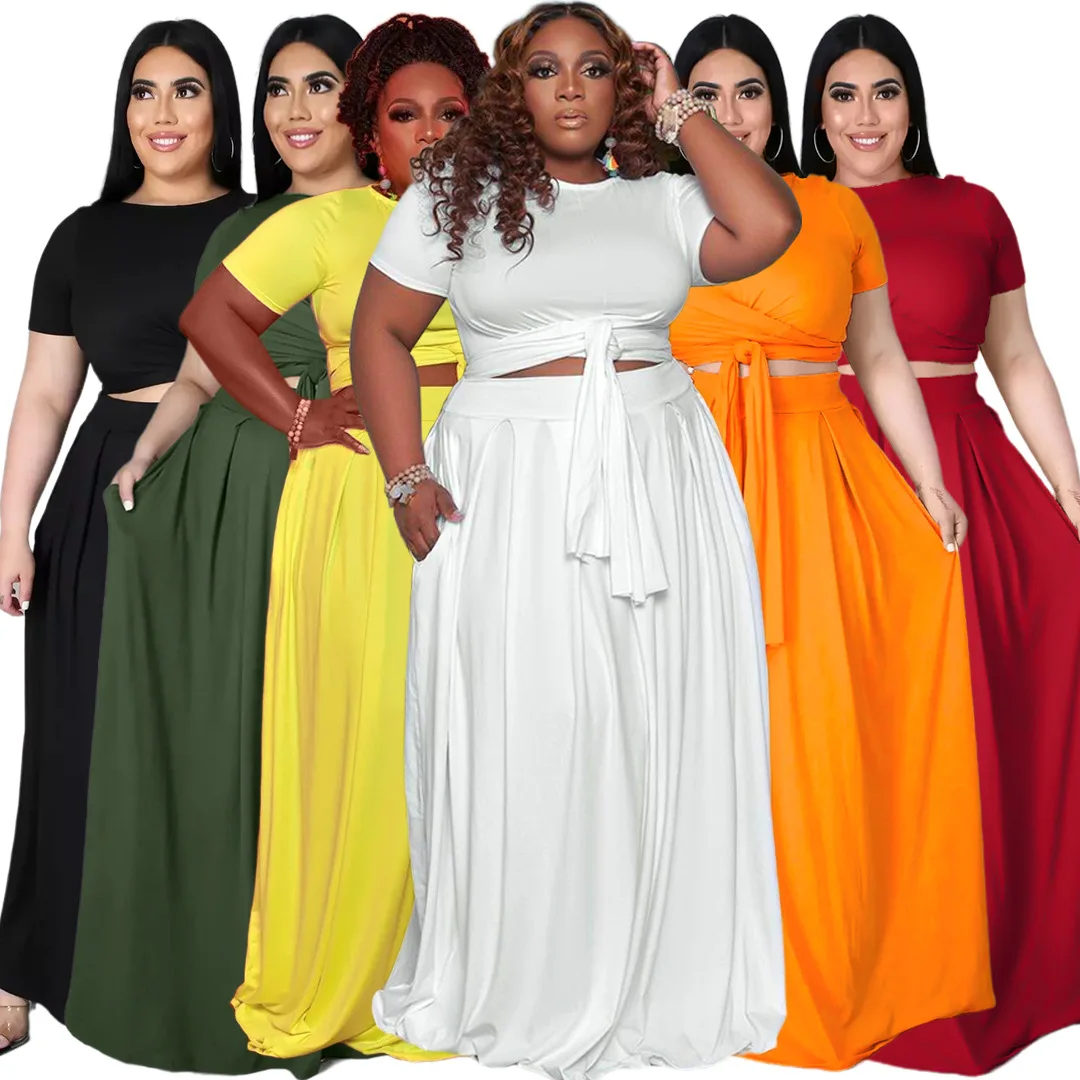 

AB0404 Summer Plus Size Maxi 2 Piece Women Clothing Solid Color Outfit Two Piece Skirt Set