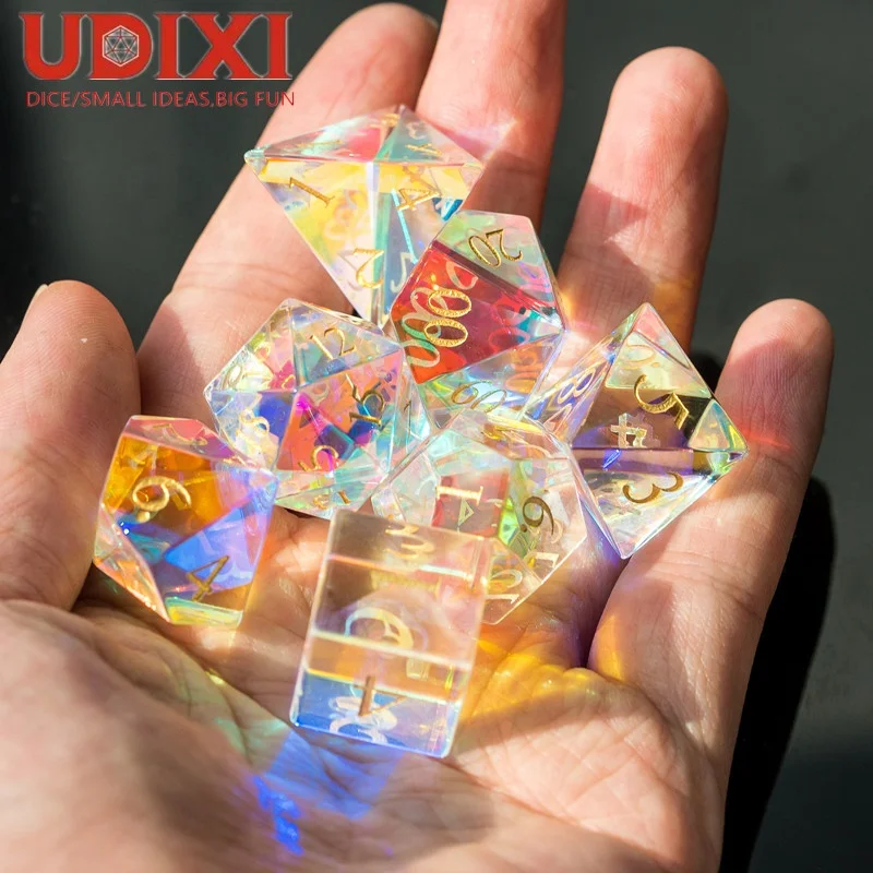 

Udixi Rainbow Crystal RPG DND Gemstone Dice Set for Board or Card Games, Transparent