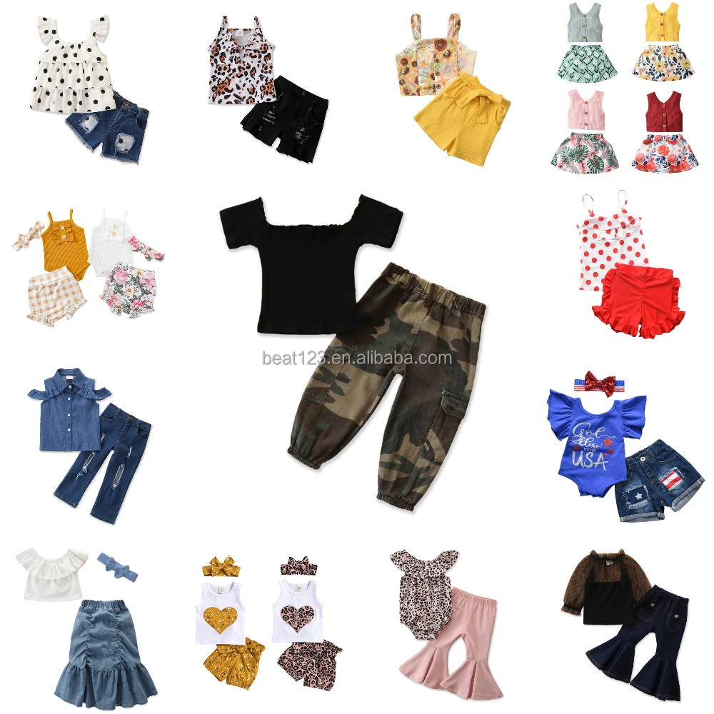 

Sweet Kids Girls Clothes Set Summer Children Black Ribbed Short Sleeve Off Shoulder T Shirts Tops+Camouflage Pants 2Pcs Set