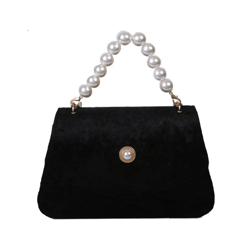 

New suede retro pearl chain portable messenger lady's small square bag, Silver,black