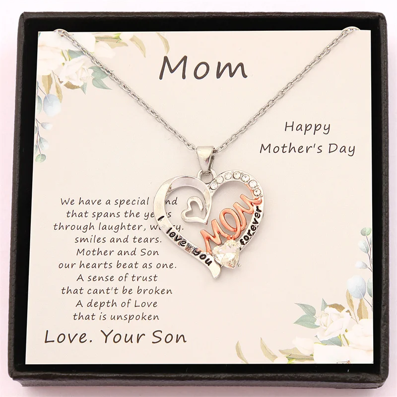 

New Heart Shaped Mom Letter Necklace Tow Tone Color Mother Day Crystal I Love You Forever Heart Pendant Necklaces for Mother