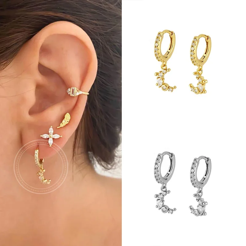 

925 Sterling Silver Earrings for Women Clear Zircon Moon Pendant Hoop Earrings, Gold and silver