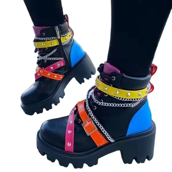 

Botas Mujer Plataforma Punk Belt Buckle Rivets Studded Women Chunky Heel Boots Round Toe Plus Size Women'S Shoes Martin Boots, Black;colorful;leopard