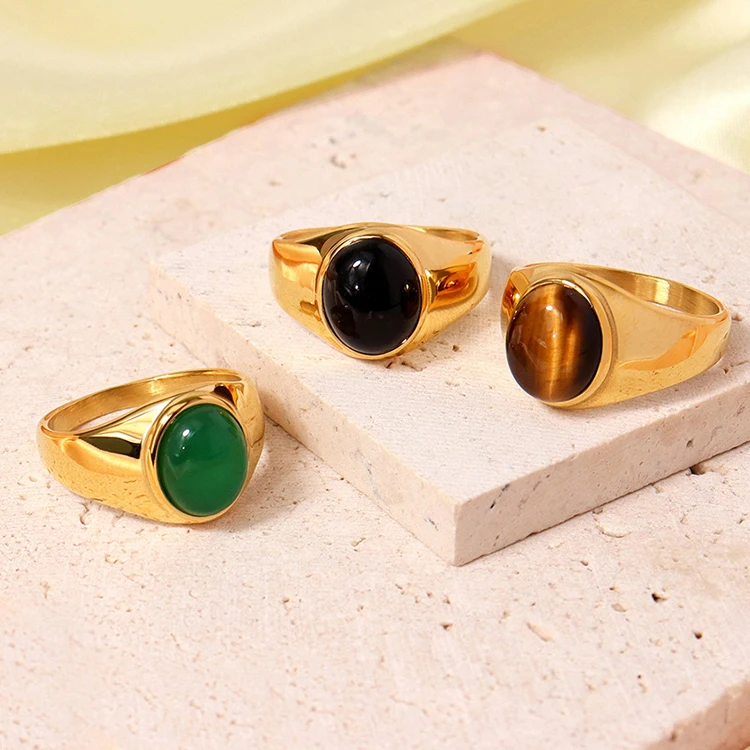 

K083 Waterproof Vintage PVD 18K Gold Plated Oval Obsidian Finger Ring Stainless Steel Natural Tiger Eye Stone Rings for Women