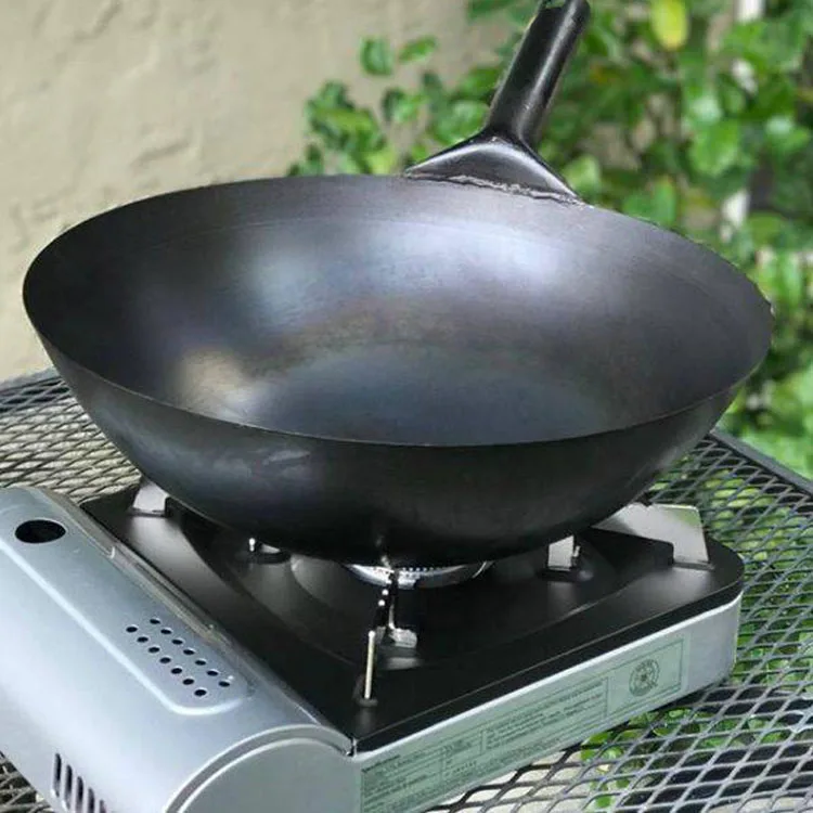 Preseasoned Japanese Wok Black Carbon Steel Wok Pan With Metal Handle For Hotel Restaurant