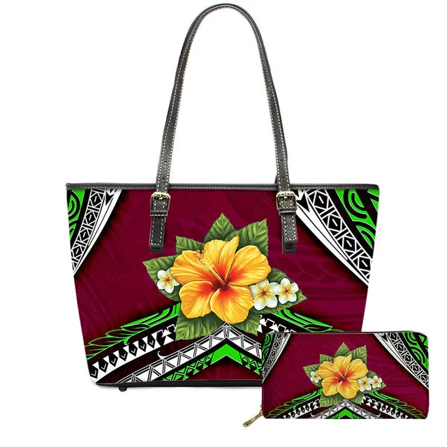 

New Designer Handbags Famous Brands Ladies 2Pcs Custom Purses Sets Red Polynesian Tribal Flower Print Luxury Handbags For Women, Customized color