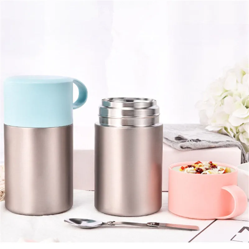 

600ml Vacuum Insulated Lunch Box Keep Food Warm Leakproof Containers Stainless Steel Thermal Food jar Carriers handle ", Blue