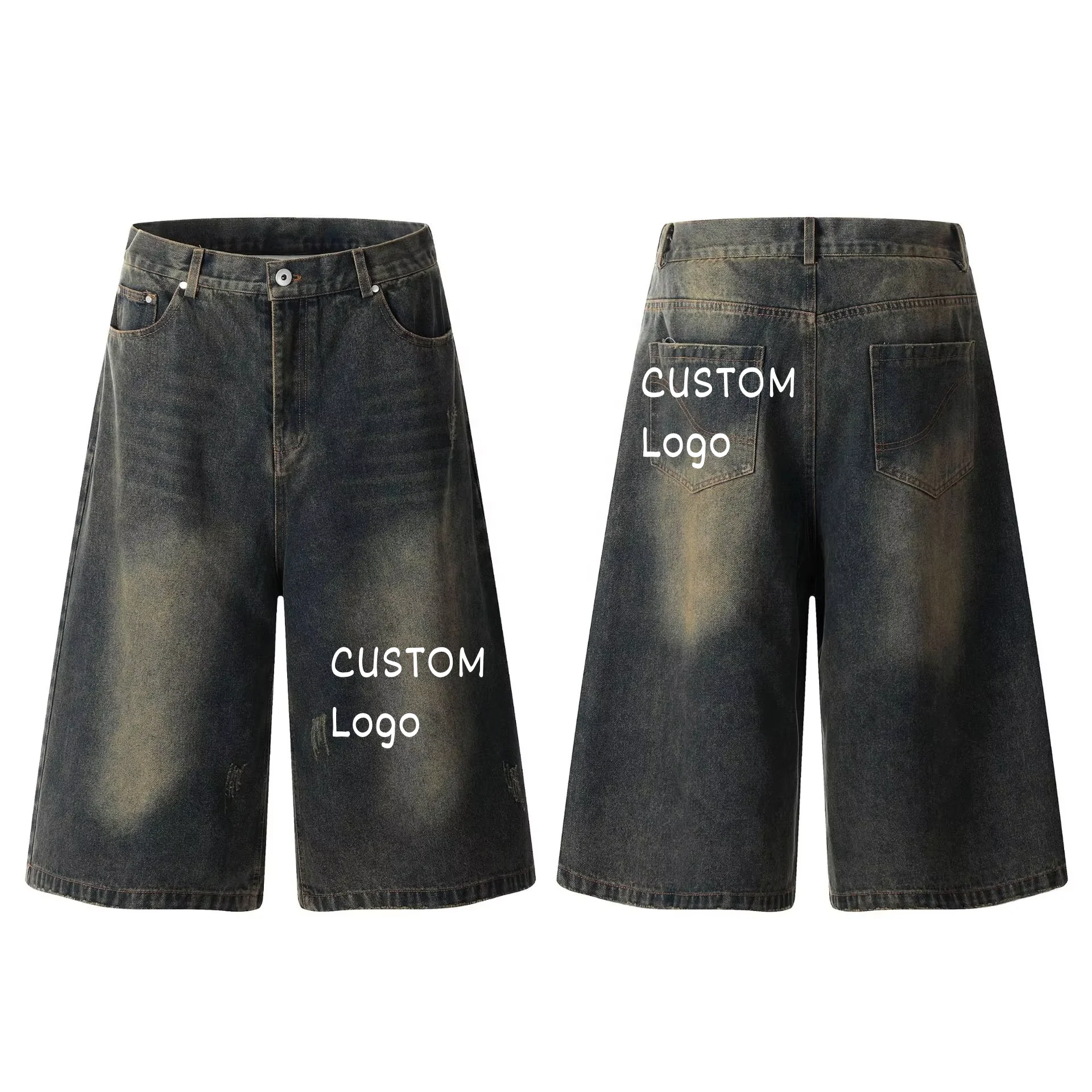 Custom Washed Denim Shorts Casual Straight Raw Denim Jeans Mid Waist Button Decoration Men Denim Jeans Distressed Shorts