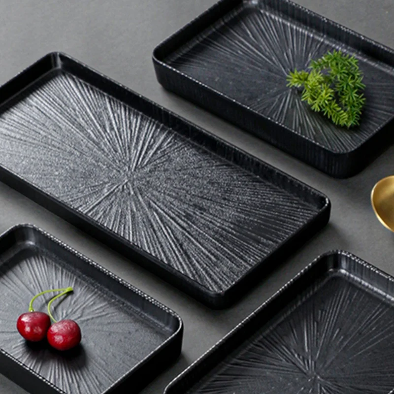 Black Japanese Rectangle Melamine Dishes Dinner Plates for Kitchen