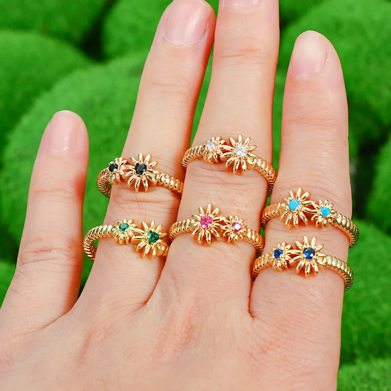 

18k Gold Plated Double Daisy Flower Adjustable Finger Rings Colored Cubic Zirconia Flower Open Finger Ring