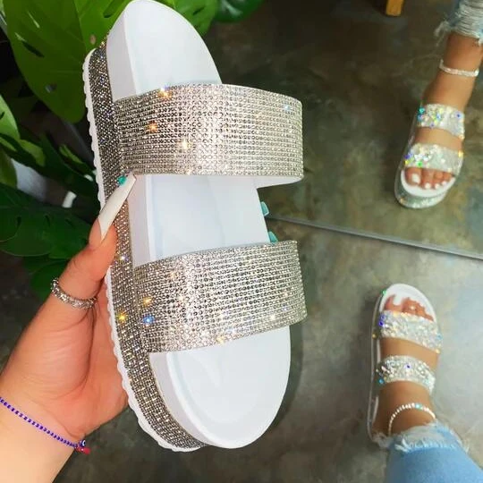

W&A Summer luxurious women's sandals double strap platform rhinestone slippers ladies fashion slides outdoor casual footwear
