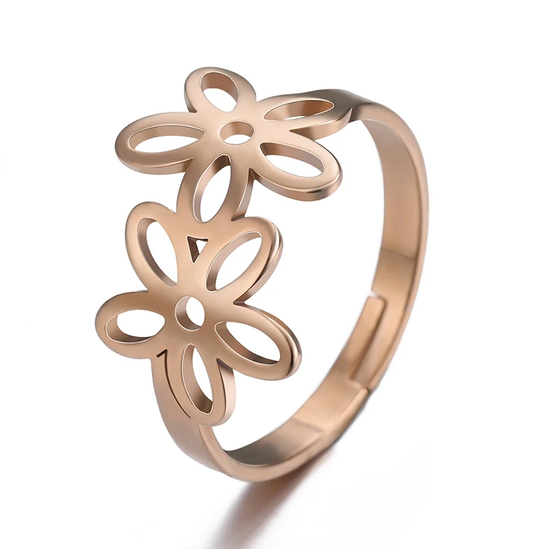 

New Fashion Adjustable Stainless Steel with Flower shaped Ring Rose Gold Plated Couple Ring, Silver color