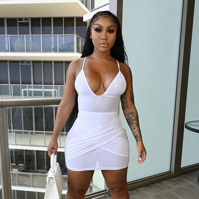 

Bomblook K21ST403 Sexy Mesh Deep-V Neck Bodycon Bodysuit Solid Color Mini Skirt Two Piece Skirt Set Women Fall Activewear
