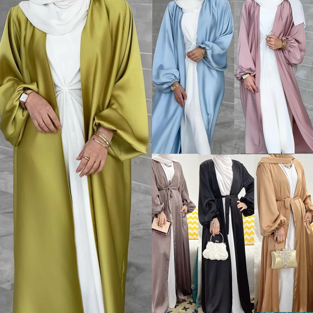 

7 colors puff sleeve new style 2 piece set kaftan crinkle satin with inner abaya set