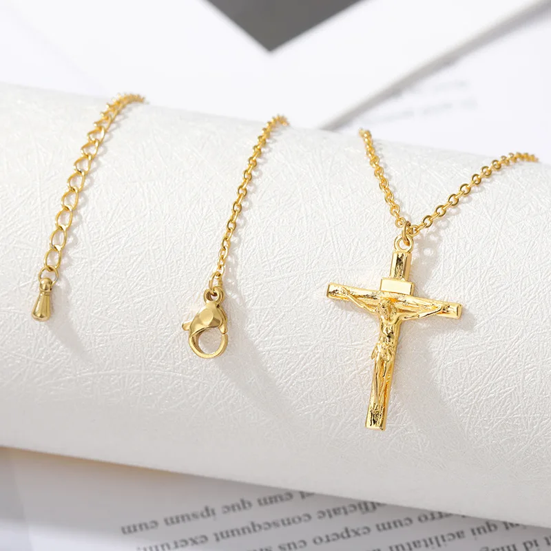 

Dylam Thin Crucifix Cross Choker Jesus Christian Pendant Stainless Steel 18K Gold Plated Cross Necklace