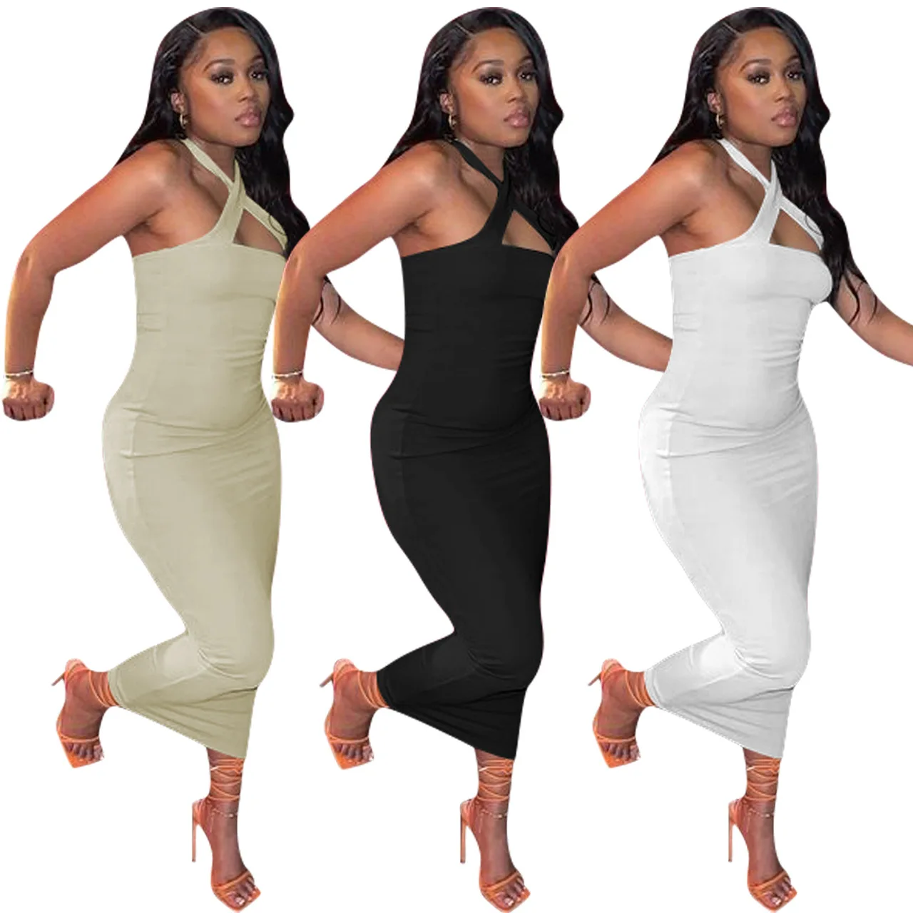 

Clothing Women 3 Colors Summer Sleeveless Night Club Hollow Out Strappy Bodycon Halter Sexy Dresses Women