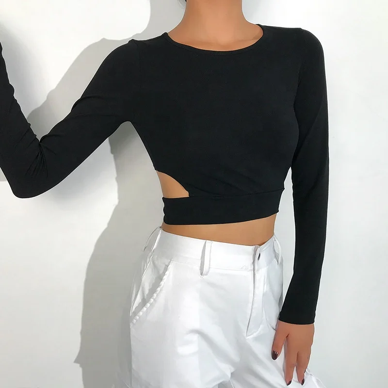 

B50977A Sexy back hollow out lady autumn new bandage t-shirt, Black