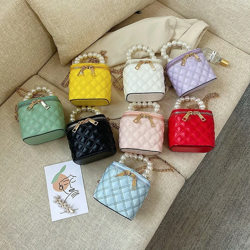 

Cute little girls sweet princess pearl chain bucket bag luxury candy color mini leather bag for kids