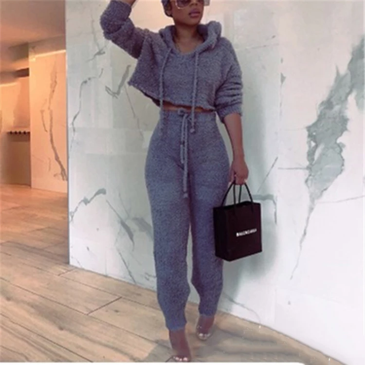 

2020 Fall Winter Long Sleeve Casual Hoodie Pajamas Cotton Sleepwear Fuzzy Knit Two Piece Women Lounge Wear Set, As shown