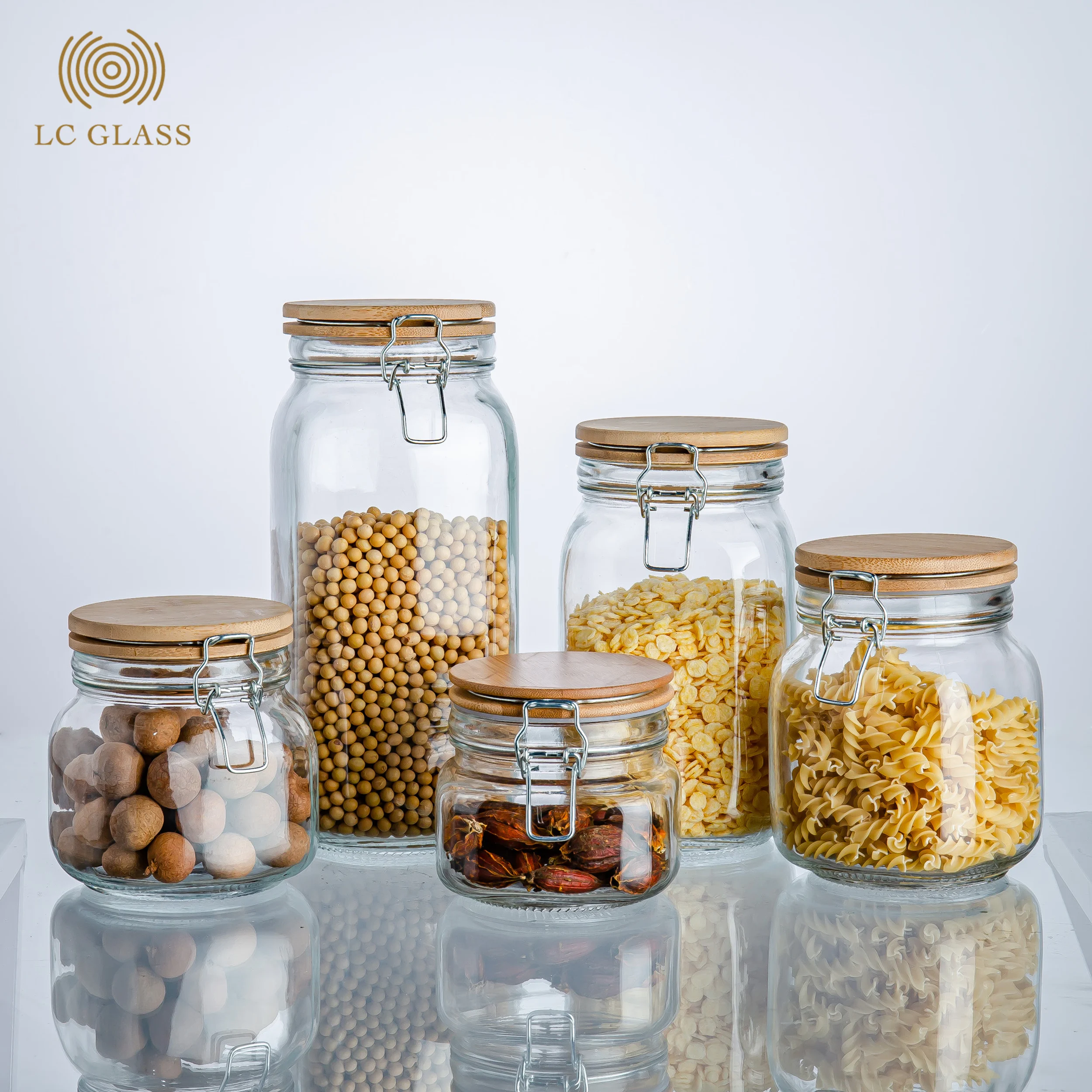 

Storage glass jar bamboo lid Jar 500ml 750ml 1000ml 1500ml Glass Container with Metal Clip