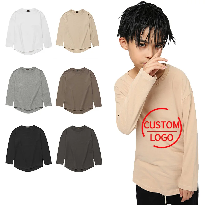 

Children Blank T-Shirts Kids Plain T Shirts Cotton Long Sleeve Oversize Curved Hem T Shirt for Boys Spring Autumn