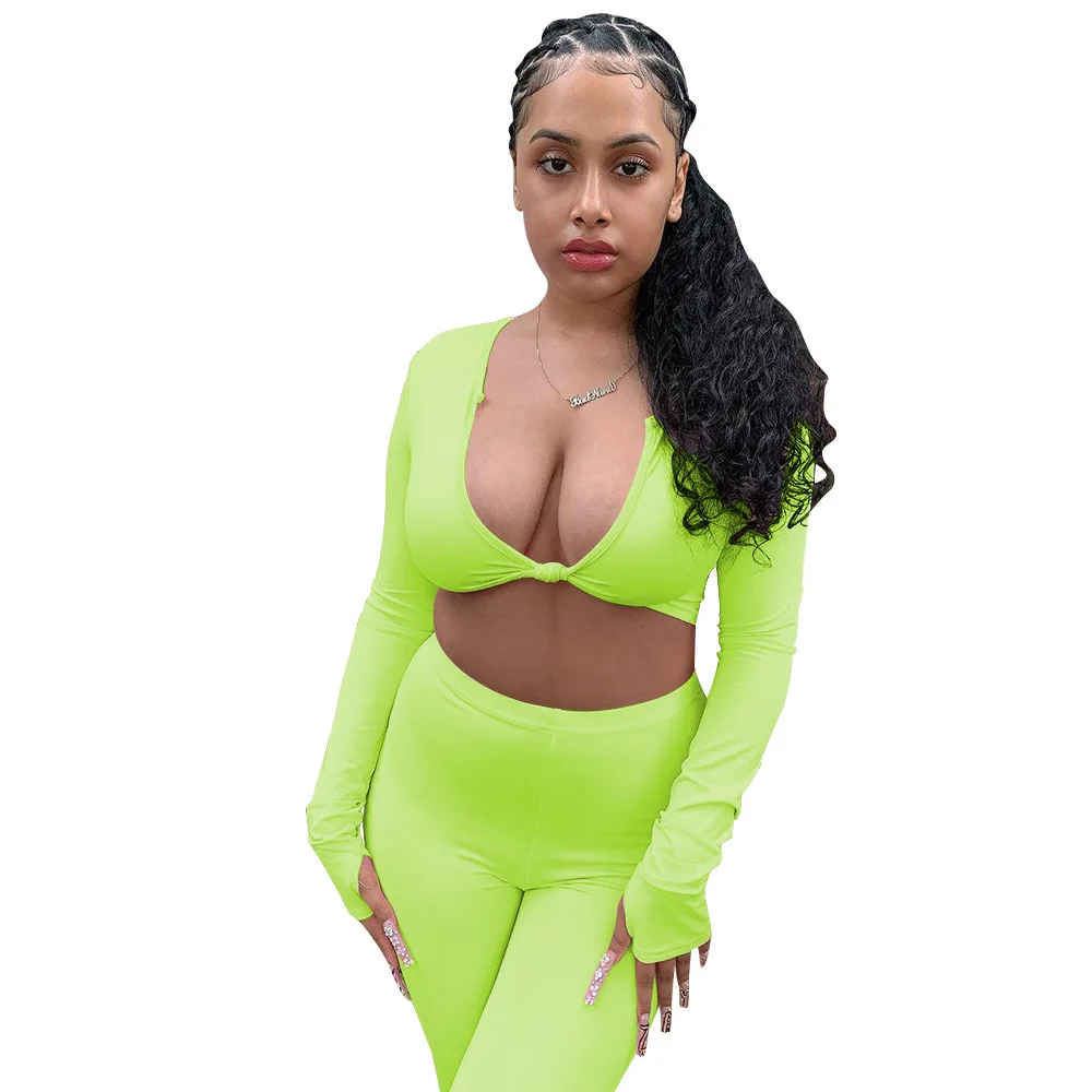

2021 Women Sports Stretchy Outfits Twist Crop Tops Solid Color Skinny Outfits Women Yoga Sets Two Piece Pants Set