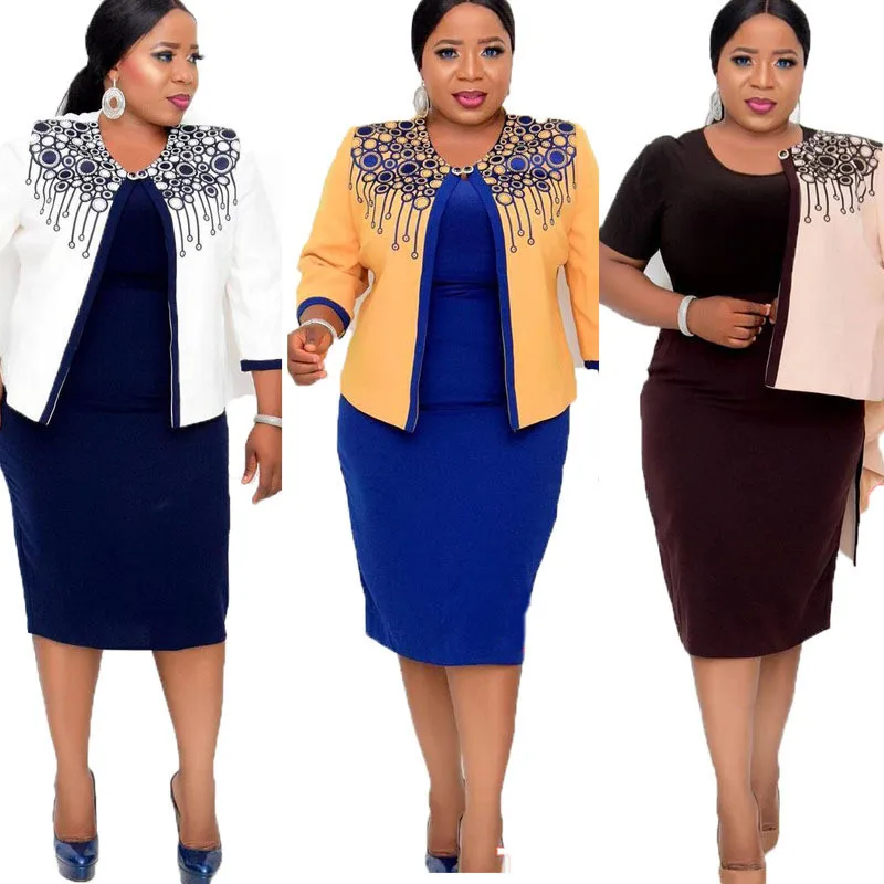 

20715-MX16 office wear printed plus size dress with short coats sehe fashion